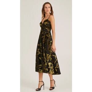 Helsi Edith Gold Black Floral Metallic Empire A-Line Maxi Dress Sz M NWT+Imperfe